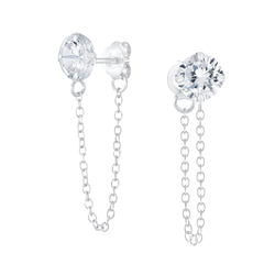 6mm Round Cubic Zirconia Silver Stud Earrings with Chain - 6204
