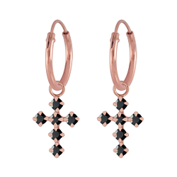 Silver Cross Crystal Charm Hoop Earrings - 6439