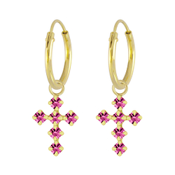 Silver Cross Crystal Charm Hoop Earrings - 6435