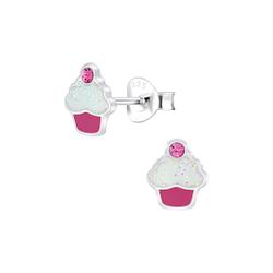 Silver Cupcake Crystal Stud Earrings - 5945