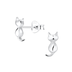 Silver Cat Stud Earrings - 6707
