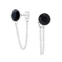 8mm Round Crystal Silver Stud Earrings with Chain - 6686