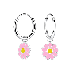 Silver Daisy Flower Charm Hoop Earrings - 6702