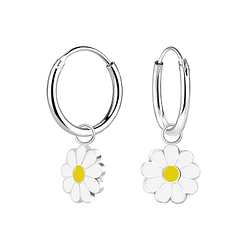 Silver Daisy Flower Charm Hoop Earrings - 6703