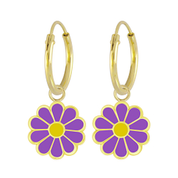 Silver Daisy Flower Charm Hoop Earrings - 6748