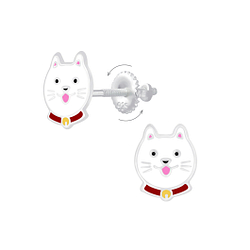 Silver Cat Screw Back Earrings - 6860