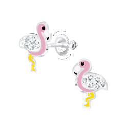 Silver Flamingo Screw Back Earrings - 6874