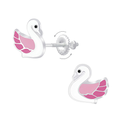 Silver Swan Screw Back Earrings - 6958