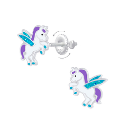 Silver Winged Unicorn Screw Back Earrings - 7011