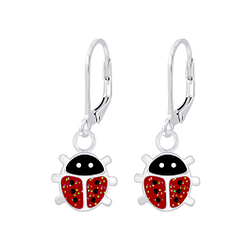Silver Ladybug Lever Back Earrings - 6938