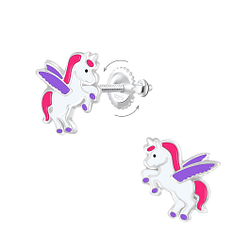Silver Winged Unicorn Screw Back Earrings - 7005