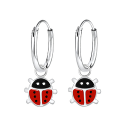 Silver Ladybug Charm Hoop Earrings - 7131