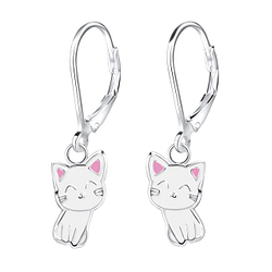 Silver Cat Lever Back Earrings - 7126