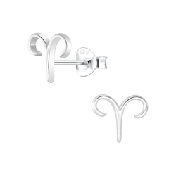 Silver Aries Zodiac Sign Stud Earrings - 7039