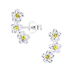 Silver Triple Crystal Flower Stud Earrings - 7774