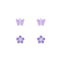 Silver Butterfly and Flower Stud Earrings Set - 7633