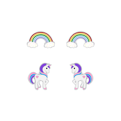 Silver Rainbow and Unicorn Stud Earrings Set - 7634