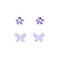 Silver Butterfly and Flower Stud Earrings Set - 7642