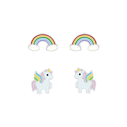 Silver Rainbow and Unicorn Stud Earrings Set - 7645