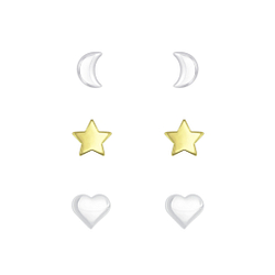 Silver Moon Star and Heart Stud Earrings Set - 7702