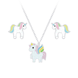 Silver Unicorn Necklace and Stud Earrings Set - 7663 Silver Unicorn Necklace and Stud Earrings Set - 7663
