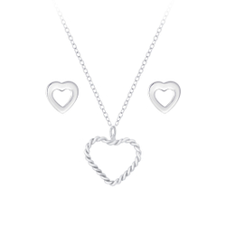 Silver Heart Necklace and Stud Earrings Set - 7733 Silver Heart Necklace and Stud Earrings Set - 7733