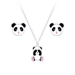 Silver Panda Necklace and Stud Earrings Set - 7659
