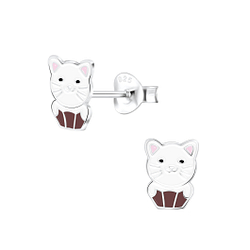 Silver Cat Stud Earrings - 6804