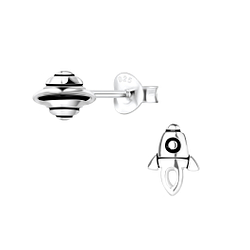Silver Rocket and Saturn Stud Earrings - 4948