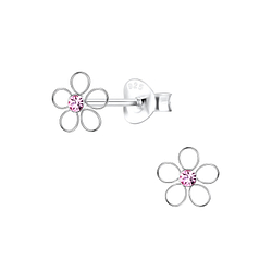 Silver Flower Crystal Stud Earrings - 8209