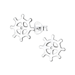 Silver Ship Wheel Stud Earrings - 8086
