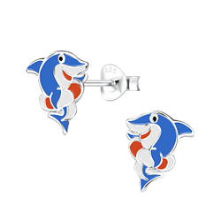 Silver Shark Stud Earrings - 8013