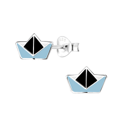 Silver Origami Boat Stud Earrings - 8029