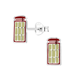 Silver Red Telephone Box Stud Earrings - 8082