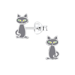 Silver Cat Stud Earrings - 8257