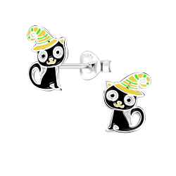 Silver Cat Stud Earrings - 8259