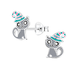 Silver Cat Stud Earrings - 8260