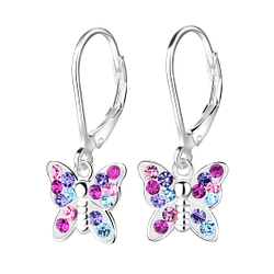Silver Butterfly Crystal Lever Back Earrings - 8165