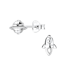 Silver Rocket and Saturn Stud Earrings - 8405