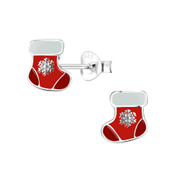 Silver Christmas Stocking Stud Earrings - 8434
