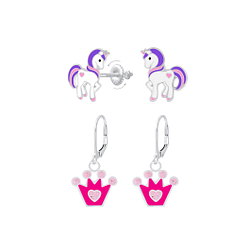 Silver Unicorn and Crown Earrings Set - 8391