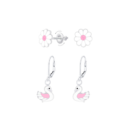 Silver Flower and Swan Earrings Set - 8393