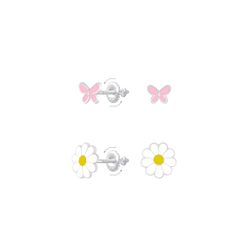 Silver Butterfly and Flower Screw Back Earrings Set - 8383