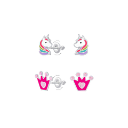 Silver Unicorn and Crown Screw Back Earrings Set - 8387