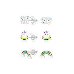 Silver Rainbow Screw Back Earrings Set - 8402