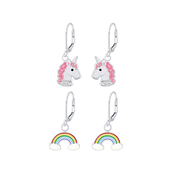 Silver Unicorn and Rainbow Lever Back Earrings Set - 8378