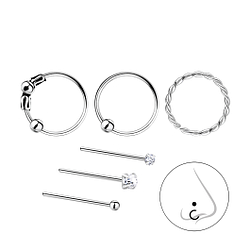 Silver Mixed Nose Jewelry Set – Pack of 6 - 7838 Silver Mixed Nose Jewelry Set – Pack of 6 - 7838