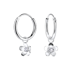 Silver Flower Charm Hoop Earrings - 8481