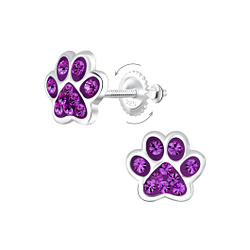 Silver Paw Print Crystal Screw Back Earrings - 6233