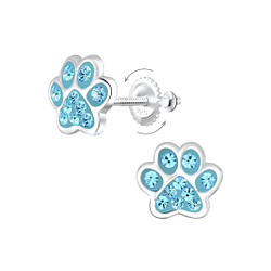 Silver Paw Print Crystal Screw Back Earrings - 6233